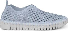 A light blue slip-on shoe with a perforated upper and a white ridged sole.