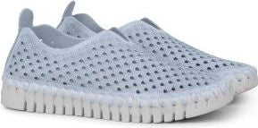 A pair of slip-on shoes, light blue with a white grooved sole.