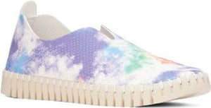 Slip-on sneaker in a watercolor tie-dye pattern with a textured white sole.