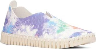 Slip-on sneaker in a watercolor tie-dye pattern with a textured white sole.