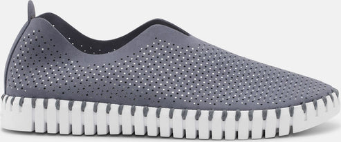 Gray slip-on shoe with white sole and small holes.