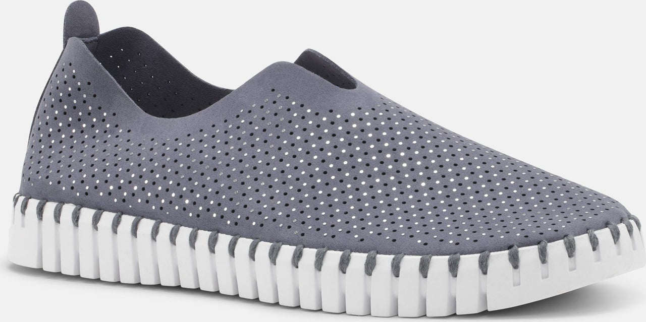 Perforated gray slip-on shoe with a white sole.