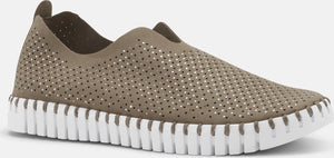 Slip-on shoe with perforated taupe upper and white lug sole.