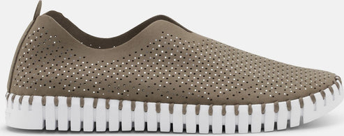 Olive slip-on shoe with perforated upper and white sole.