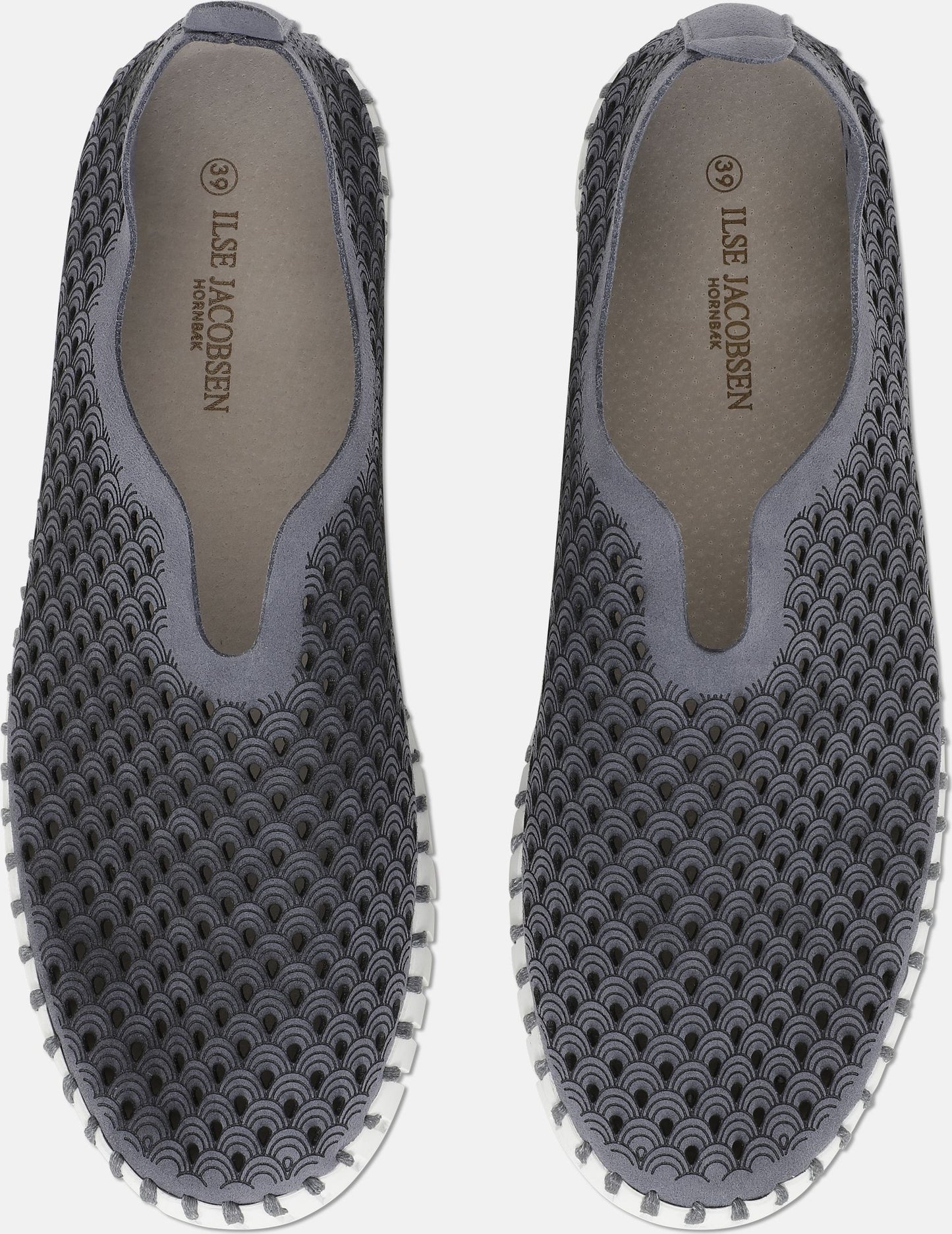 Pair of gray slip-on perforated shoes with white soles and gray trim.