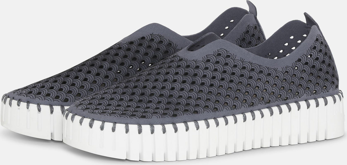 A pair of gray mesh slip-on shoes with a white platform sole.