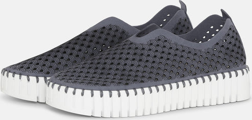 A pair of gray mesh slip-on shoes with a white platform sole.