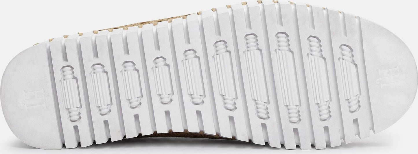 White shoe sole with deep horizontal grooves.