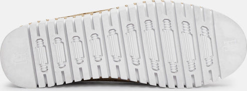 White shoe sole with deep horizontal grooves.