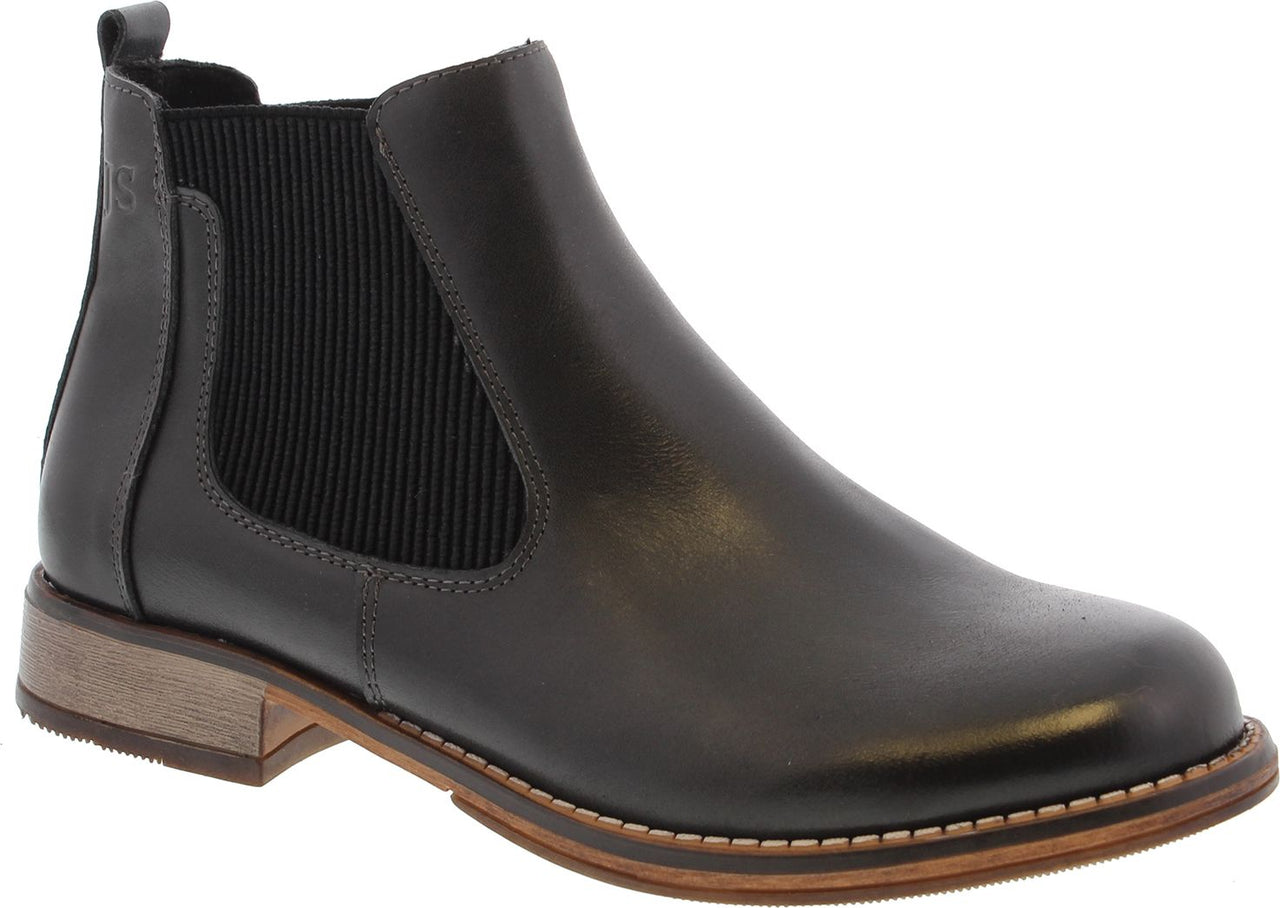 Black leather ankle boot with elastic side panels and stacked heel.