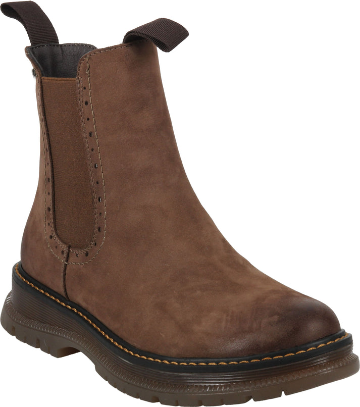A brown nubuck ankle boot with a rubber sole and side elastic.