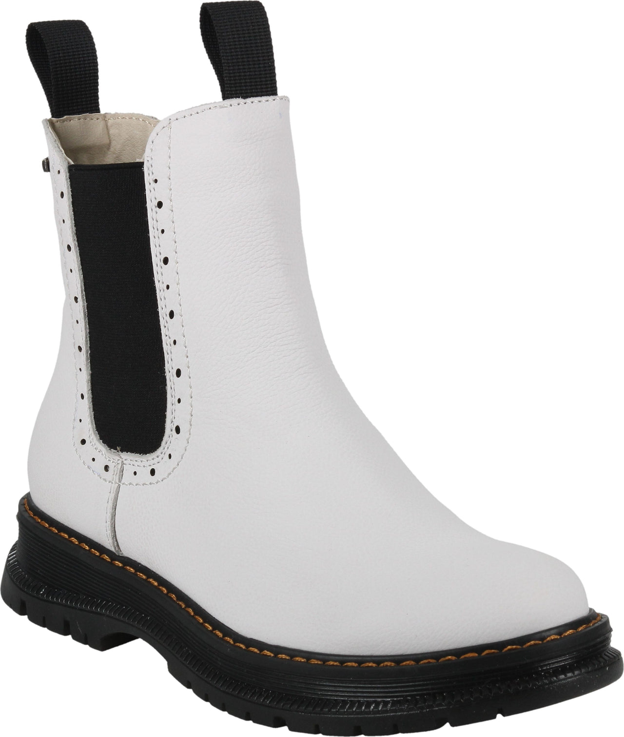 White ankle boot with black elastic sides, black pull-tab, and a thick black lug sole.