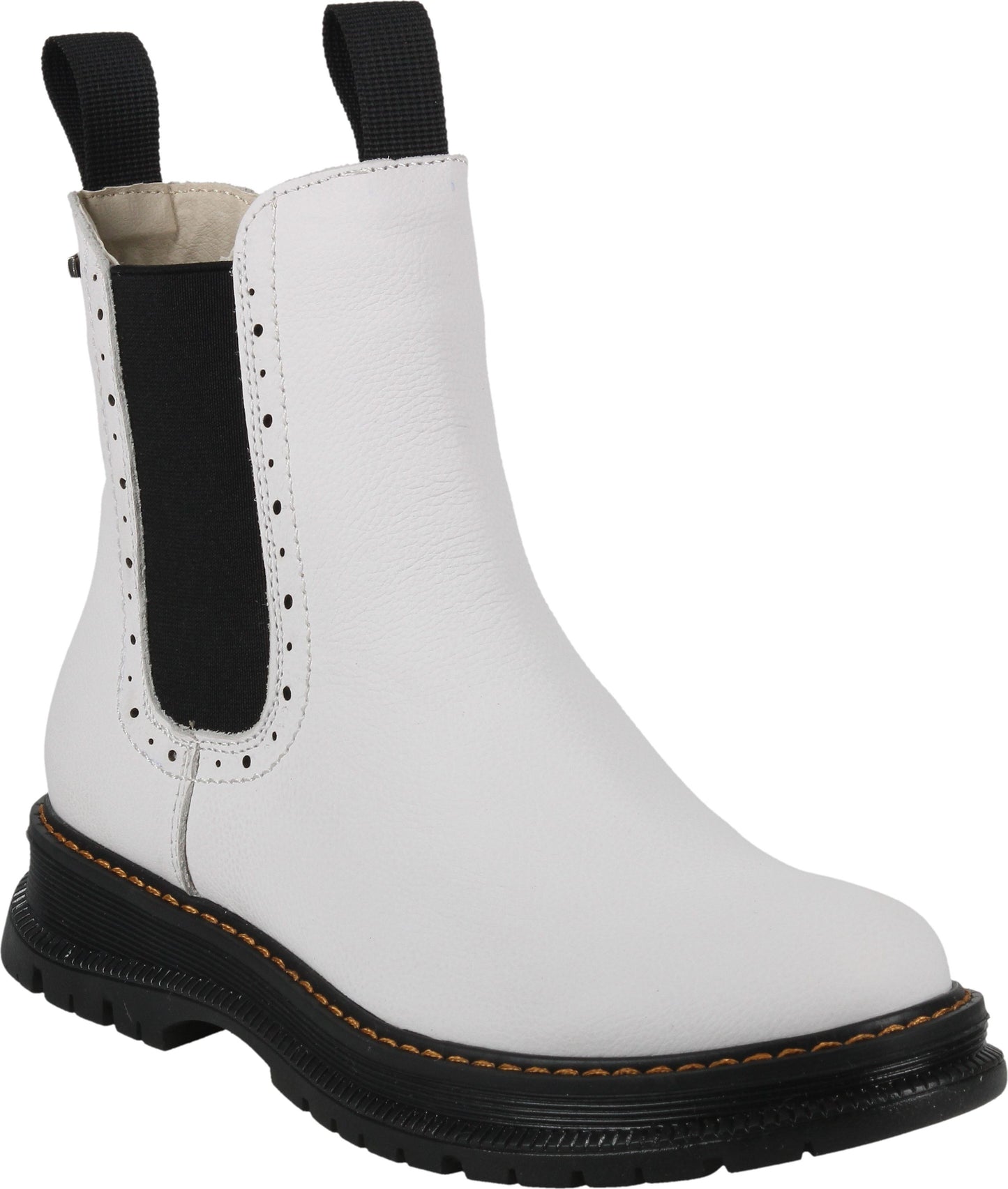 White ankle boot with black elastic sides, black pull-tab, and a thick black lug sole.