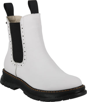 White ankle boot with black elastic sides, black pull-tab, and a thick black lug sole.