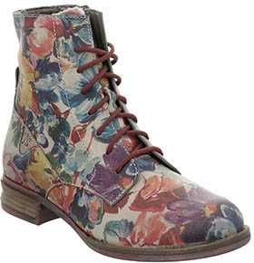 Floral print lace-up ankle boot with a low heel.