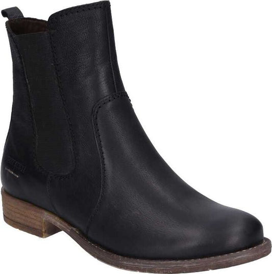 Black leather ankle boot with elastic side panels and a low heel.