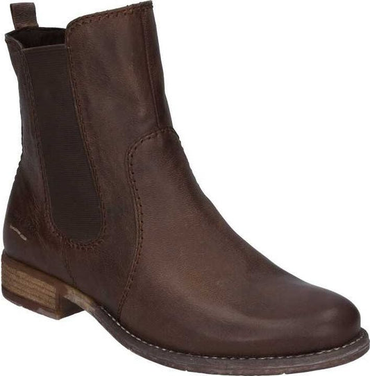 Dark brown leather ankle boot with elastic side panels and low block heel.