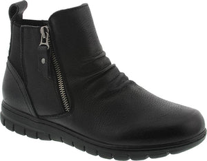 A black leather ankle boot with a side zipper.