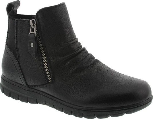A black leather ankle boot with a side zipper.