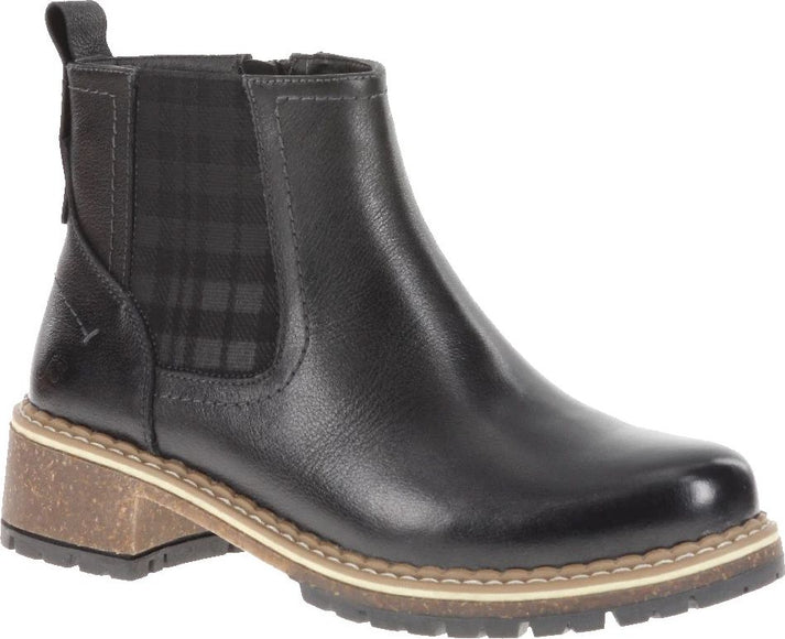 Black leather boot with plaid elastic side panels and stacked block heel.