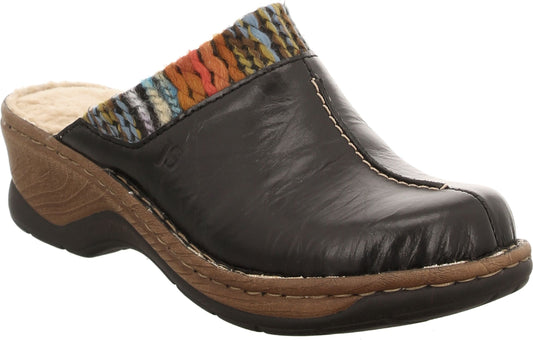 Black leather clog mule with knit pattern around ankle opening, faux fur lining, and a wooden block heel and platform.