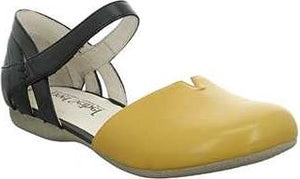 Yellow and black women's flat with ankle strap.