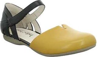 Yellow and black women's flat with ankle strap.