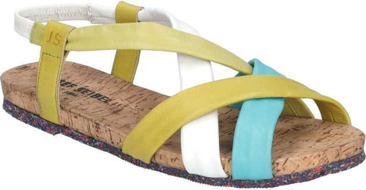 Flat sandal with elastic ankle strap, composed of yellow, white and turquoise straps crossing over a cork footbed.