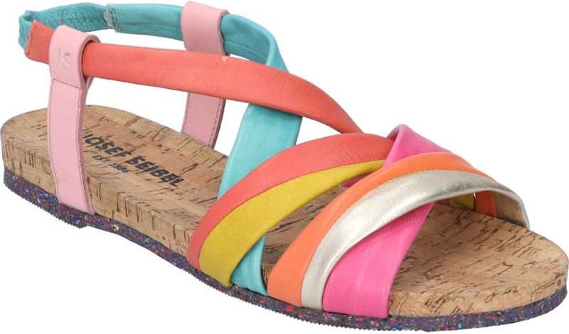 Flat colorful sandals with multiple straps in pink, coral, blue, yellow, orange, and silver.