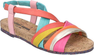 Flat colorful sandals with multiple straps in pink, coral, blue, yellow, orange, and silver.