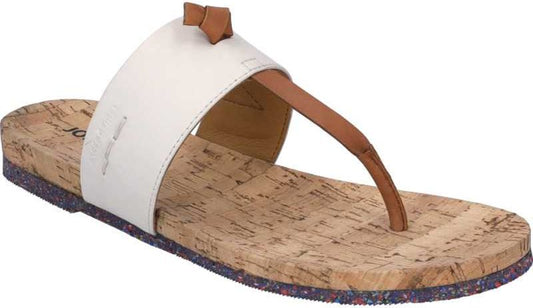 White sandal with brown toe strap and cork sole.