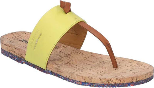 A light yellow toe post sandal featuring a cork footbed and thin brown straps.