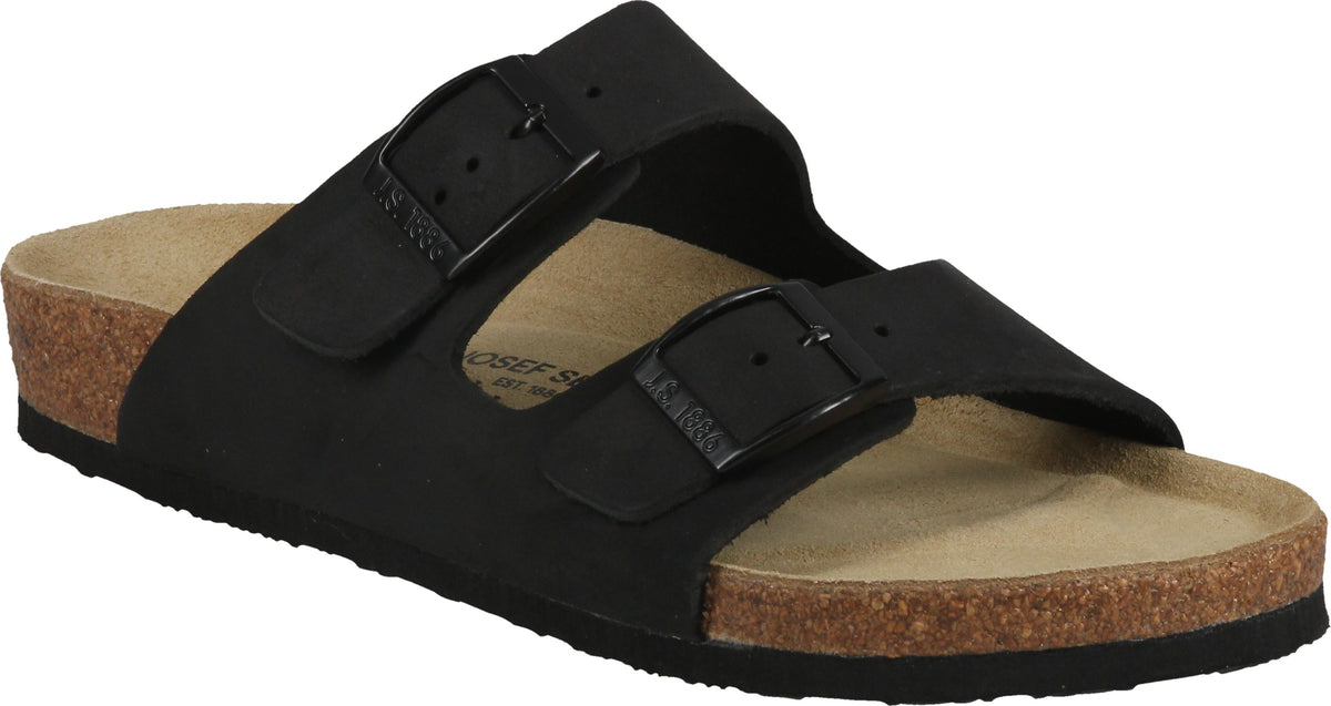 Black sandal with two adjustable straps and a cork sole.