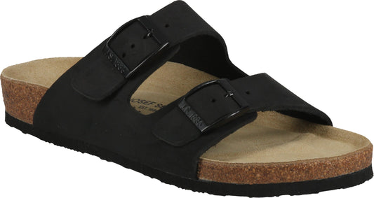 Black sandal with two adjustable straps and a cork sole.