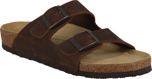 Brown leather sandal with two adjustable buckle straps and a cork sole.