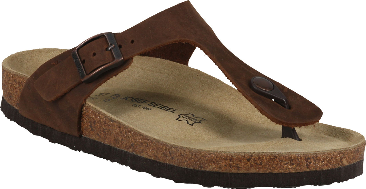 A brown leather thong sandal with a buckle strap and a cork midsole.