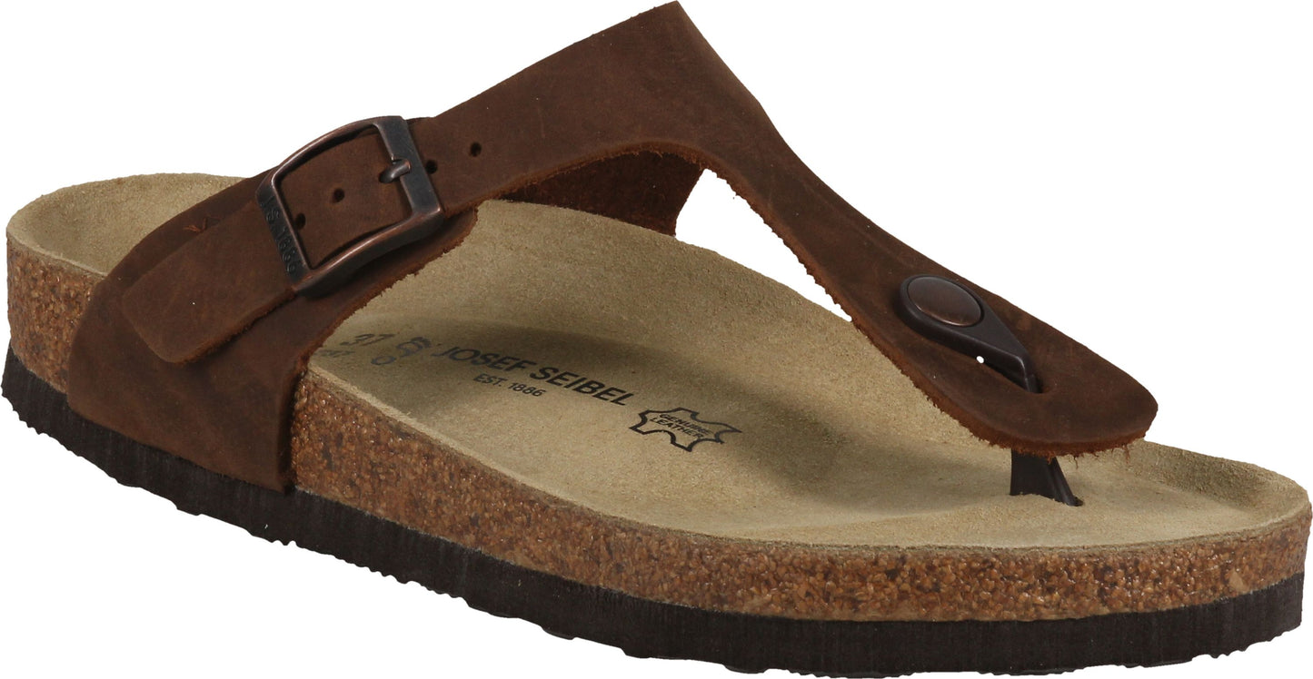 A brown leather thong sandal with a buckle strap and a cork midsole.