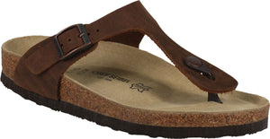 A brown leather thong sandal with a buckle strap and a cork midsole.