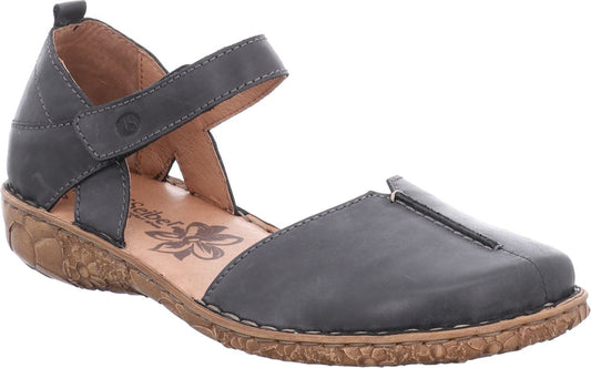 Gray leather sandal with hook-and-loop closure, low textured heel, and floral footbed.