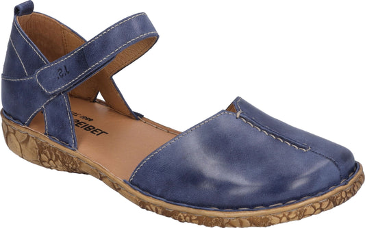 Blue leather Mary Jane flat shoe with adjustable strap.
