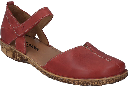 Red leather sandal with ankle strap and white contrast stitching.