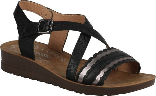 Black sandal with crisscross straps and a buckle, featuring a scalloped edge detail on the front strap.