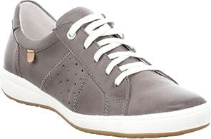 Grey leather sneaker with white laces and sole.