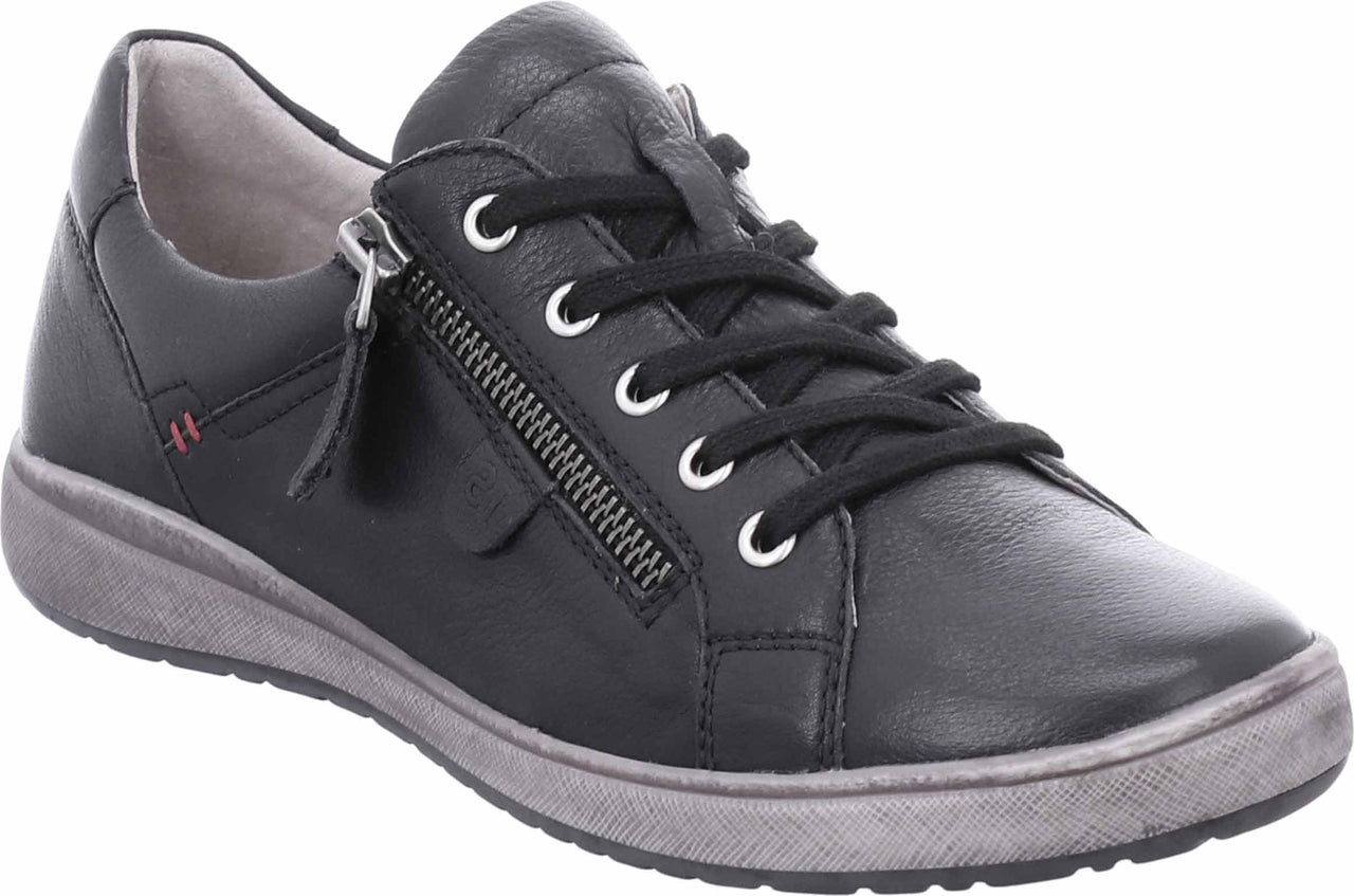 Black low-top leather sneaker with a zipper and laces.