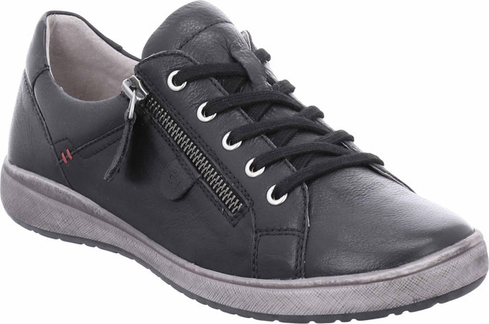 Black low-top leather sneaker with a zipper and laces.