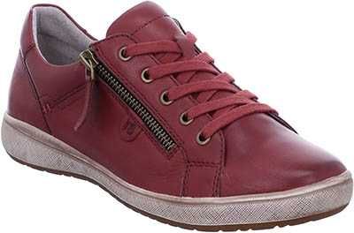 A low-top red leather sneaker with a side zipper and lace-up closure.