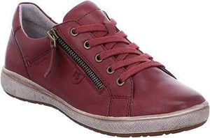 A low-top red leather sneaker with a side zipper and lace-up closure.