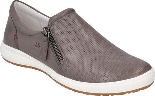 Gray leather slip-on shoe with side zipper and perforated design on a white sole.
