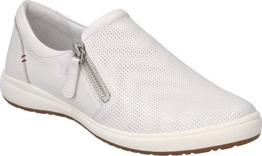 White leather slip-on shoe with decorative zipper.