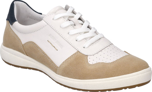A low-cut white sneaker with tan suede accents, white laces and a navy blue heel patch.